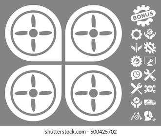 Quadrocopter pictograph with bonus setup tools icon set. Vector illustration style is flat iconic symbols, white color, gray background.