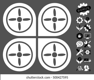 Quadrocopter pictograph with bonus tools images. Vector illustration style is flat iconic symbols, black and white colors, gray background.