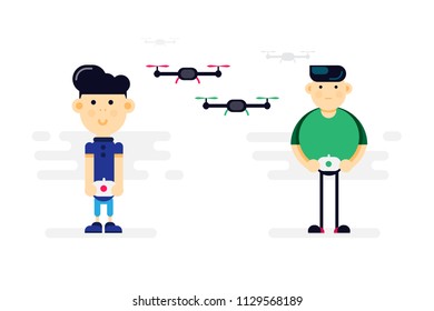 Quadrocopter racing competition new sport. Flat illustration of two guys control drones via remote console