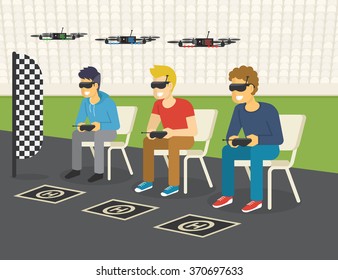 Quadrocopter racing competition new sport. Flat illustration of three guys wearing glasses to control drones via remote console