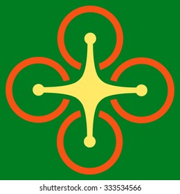 Quadrocopter vector icon. Style is bicolor flat symbol, orange and yellow colors, rounded angles, green background.