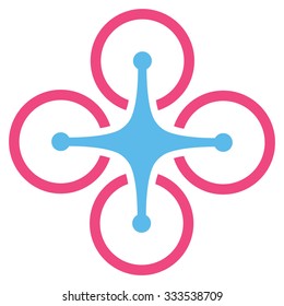 Quadrocopter vector icon. Style is bicolor flat symbol, pink and blue colors, rounded angles, white background.