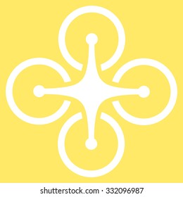 Quadrocopter vector icon. Style is flat symbol, white color, rounded angles, yellow background.