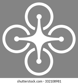 Quadrocopter vector icon. Style is flat symbol, white color, rounded angles, gray background.
