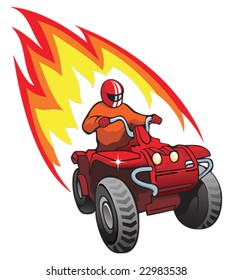 Quadrocycle, rider on 4 wheel motorbike, with flame behind, vector illustration