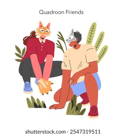 Quadroon Friends concept. Two people with animal masks sit amidst greenery, expressing friendship and connection with nature. Vector illustration.