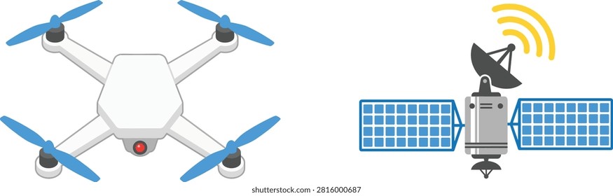 Quadrotor drone and orbiting satellite flat vector illustration with satellite quadrotor aviation