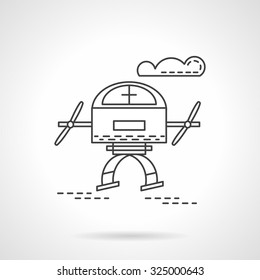 Quadrotor front view flying in a sky. Flat line style vector icon. Military robots, UAV. Web design elements.