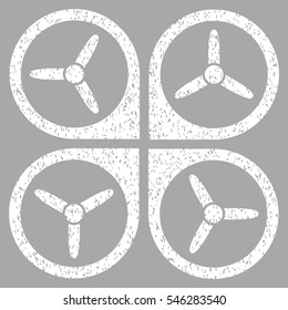 Quadrotor grainy textured icon for overlay watermark stamps. Flat symbol with scratched texture. Dotted vector white ink rubber seal stamp with grunge design on a silver background.