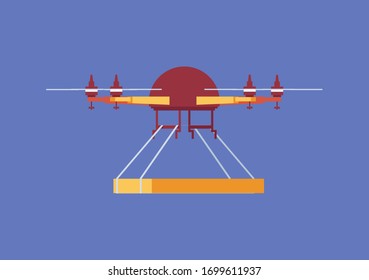 Quadrotor Helicopter Delivery Of Food, Equipment, Medicine. Isolated On Blue Background.