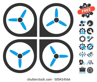 Quadrotor icon with bonus service pictograms. Vector illustration style is flat iconic symbols, blue and gray colors, white background.