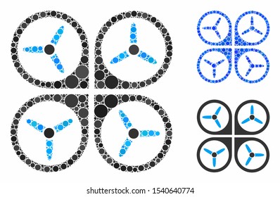 Quadrotor mosaic of filled circles in different sizes and color tones, based on quadrotor icon. Vector filled circles are composed into blue collage. Dotted quadrotor icon in usual and blue versions.