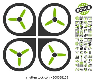 Quadrotor pictograph with bonus calendar and time management images. Vector illustration style is flat iconic symbols, eco green and gray colors, white background.