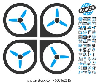 Quadrotor pictograph with bonus calendar and time service design elements. Vector illustration style is flat iconic symbols, blue and gray colors, white background.