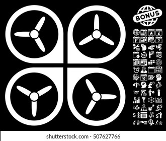 Quadrotor pictograph with bonus calendar and time management pictograms. Vector illustration style is flat iconic symbols, white color, black background.