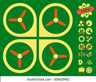 Quadrotor pictograph with bonus options clip art. Vector illustration style is flat iconic symbols, orange and yellow colors, green background.