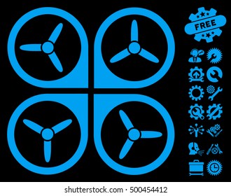 Quadrotor pictograph with bonus options clip art. Vector illustration style is flat iconic symbols, blue color, black background.