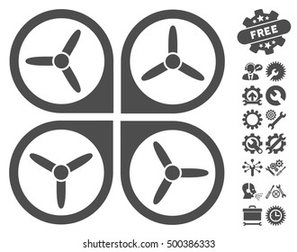 Quadrotor pictograph with bonus setup tools pictograms. Vector illustration style is flat iconic symbols, gray color, white background.
