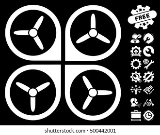 Quadrotor pictograph with bonus setup tools pictures. Vector illustration style is flat iconic symbols, white color, black background.