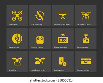 Quadrotor with remote control icons. Vector illustration.