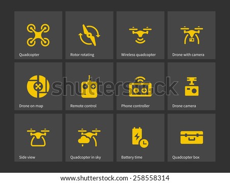 Quadrotor with remote control icons. Vector illustration.