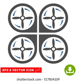 Quadrotor Screws Rotation EPS vector pictogram. Illustration style is flat iconic bicolor cobalt and gray symbol on white background.