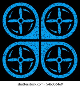 Quadrotor Screws Rotation grainy textured icon for overlay watermark stamps. Flat symbol with dust texture. Dotted vector blue ink rubber seal stamp with grunge design on a black background.