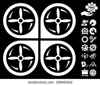 Quadrotor Screws Rotation icon with bonus configuration icon set. Vector illustration style is flat iconic symbols, white color, black background.
