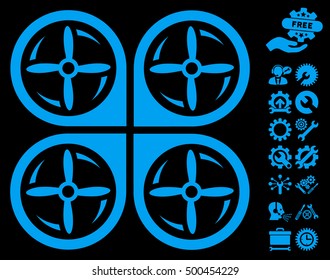 Quadrotor Screws Rotation icon with bonus settings clip art. Vector illustration style is flat iconic symbols, blue color, black background.