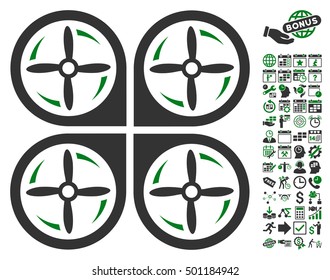 Quadrotor Screws Rotation icon with bonus calendar and time management symbols. Vector illustration style is flat iconic symbols, green and gray colors, white background.