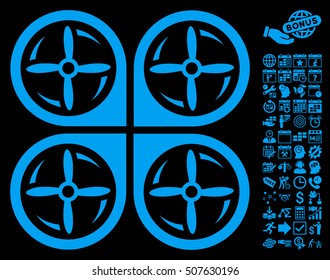 Quadrotor Screws Rotation icon with bonus calendar and time service pictograms. Vector illustration style is flat iconic symbols, blue color, black background.