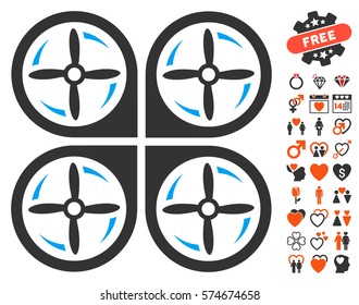 Quadrotor Screws Rotation icon with bonus dating design elements. Vector illustration style is flat iconic elements for web design, app user interfaces.