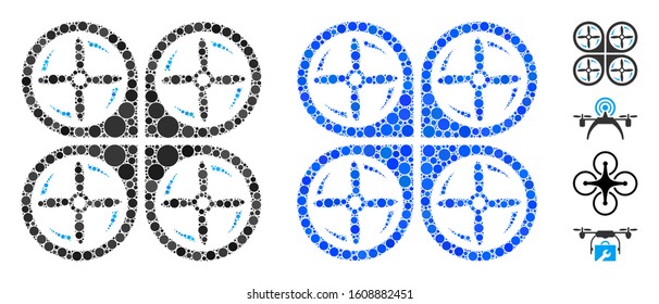 Quadrotor screws rotation mosaic of circle elements in various sizes and color tinges, based on quadrotor screws rotation icon. Vector circle elements are grouped into blue illustration.