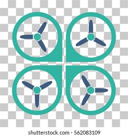 Quadrotor vector icon. Illustration style is flat iconic bicolor cobalt and cyan symbol on a transparent background.