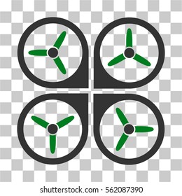 Quadrotor vector icon. Illustration style is flat iconic bicolor green and gray symbol on a transparent background.