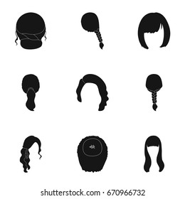 Quads, blond braids and other types of hairstyles. Back hairstyle set collection icons in black style vector symbol stock illustration web.