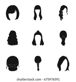Quads, blond braids and other types of hairstyles. Back hairstyle set collection icons in black style vector symbol stock illustration web.