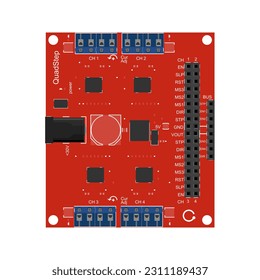 Ilustración del vector de la placa de conducción del motor del paso de cuádruple: Mostrar el diseño y las características de una placa de controlador de motor de Quadstepper, presentada en un diseño visual cautivador