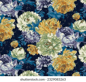 quad-tone solid abstract big roses and chamomile flower all over with blue tone background, design vector illustration digital image for textile or wrapping paper printing factory