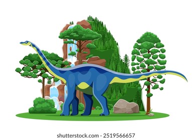 Quaesitosaurus personagem de dinossauro pré-histórico cartoon. Vetor isolado dino colorido em paisagem exuberante com vegetação vibrante, árvores e cachoeira, representando um habitat vivo e natural para dinossauros