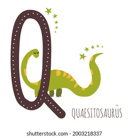 Quaesitosaurus.Letter Q with reptile name.Hand drawn cute herbivores dinosaur.Educational prehistoric illustration.Sketch Jurassic animal.Childish funny comic font.Enjoy learning.Dino alphabet