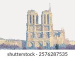 The Quai Saint-Michel Notre-Dame, vintage building illustration by Maximilien Luce, vintage vector element. Vintage art drawing illustration, old painting art print vector. Catherdral drawing.