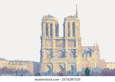 The Quai Saint-Michel Notre-Dame, vintage building illustration by Maximilien Luce, vintage vector element. Vintage art drawing illustration, old painting art print vector. Catherdral drawing.