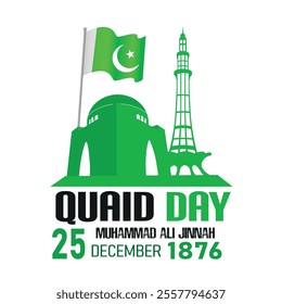 quaid day 25th dec muhammad ali jinnah, mazar e quaid, minar e pakistan, pakistan flag illustration vector design