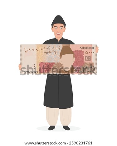 Quaid e Azam holding 5000 rupee note Pakistan currency PKR vector illustration