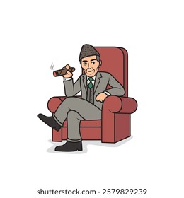 Quaid-e-Azam Muhammad Ali Jinnah sitting on a sofa, smoking a cigar. vector illustration