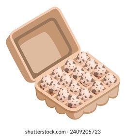 Caja de cartón de huevo de codorniz.Huevos de codorniz crudos en el paquete.Icono de comida. Huevo con cáscara.Huevos de codorniz en caja.Aislados sobre fondo blanco.Ilustración plana vectorial.