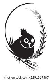 Quail  with egg contour and plant branch stylized as a logo. Also good for tattoo. Editable vector monochrome image with high details isolated on white background