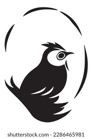 Quail  with egg contour stylized as a logo. Also good for tattoo. Editable vector monochrome image with high details isolated on white background