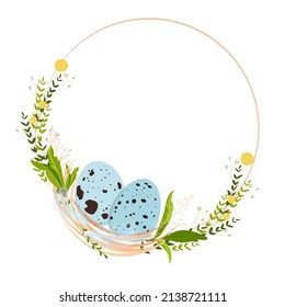 Quail eggs. A bird's nest. Spring frame made of small wildflowers. Easter circle template. Vector stock illustration of a summer wreath. Isolated on a white background.